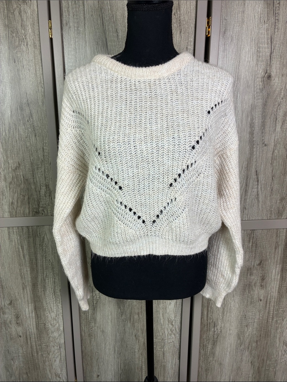 NWOT Topshop Open-Knit Crewneck Cropped Cream Sweater Women's 4-6
